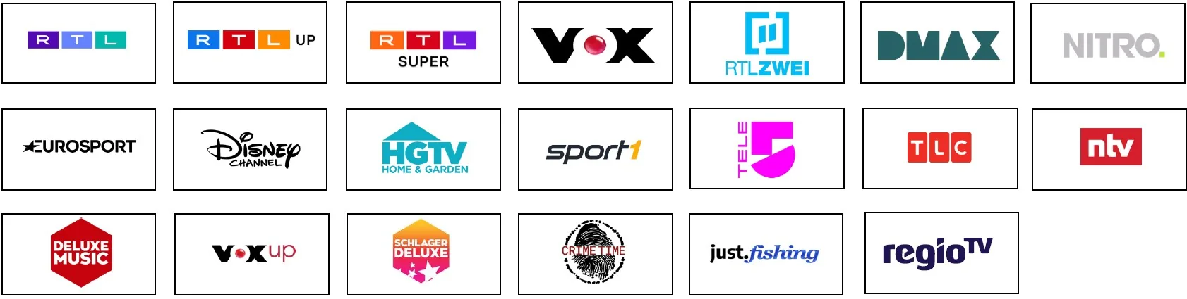 RTL, RTLup, RTL Super, VOX, RTLZWEI, DMAX, NITRO, Eurosport, Disney Channel, HGTV, Sport1, TELE 5, TLC, n-tv, Deluxe Music, VOXup, Schlager Deluxe, Crime Time, just.fishing und regio TV